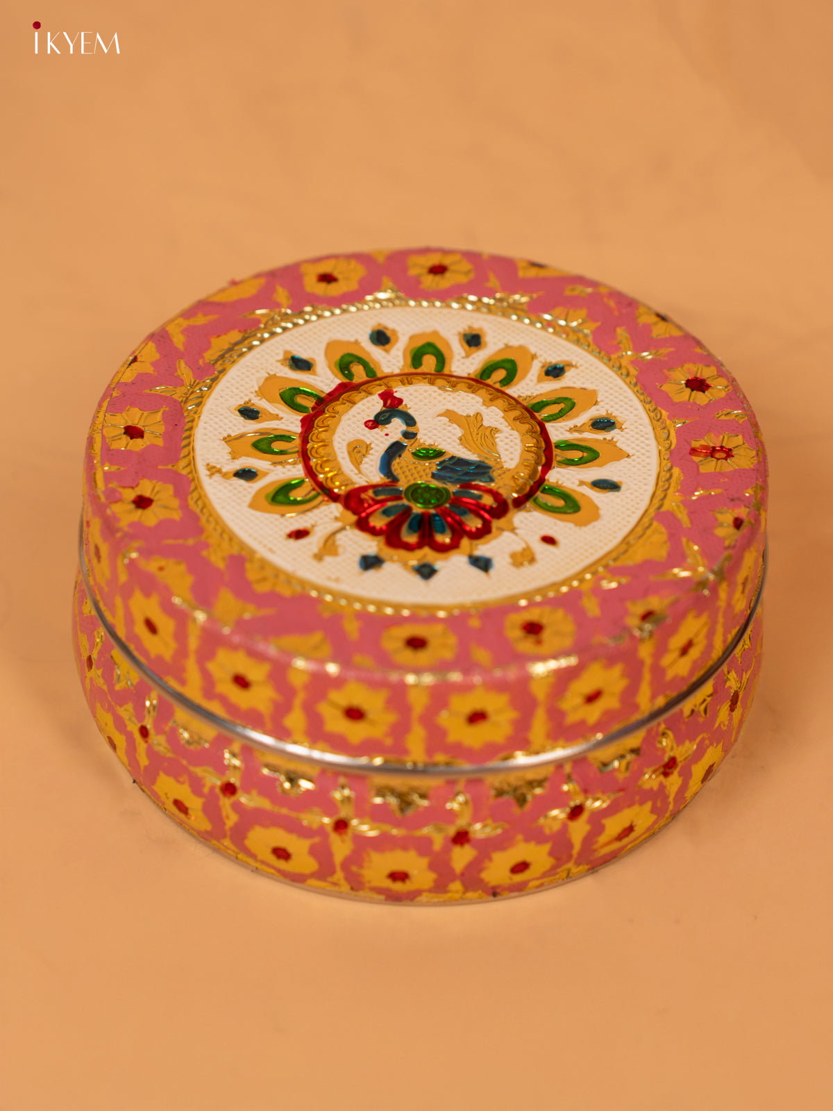 meenakari Dabba pink with pista yellow (6.2×6.2) Inch- 4JJ12038