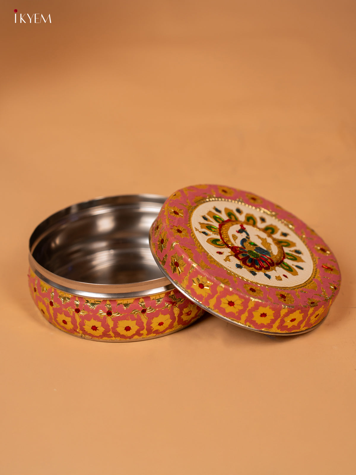 meenakari Dabba pink with pista yellow (6.2×6.2) Inch- 4JJ12038