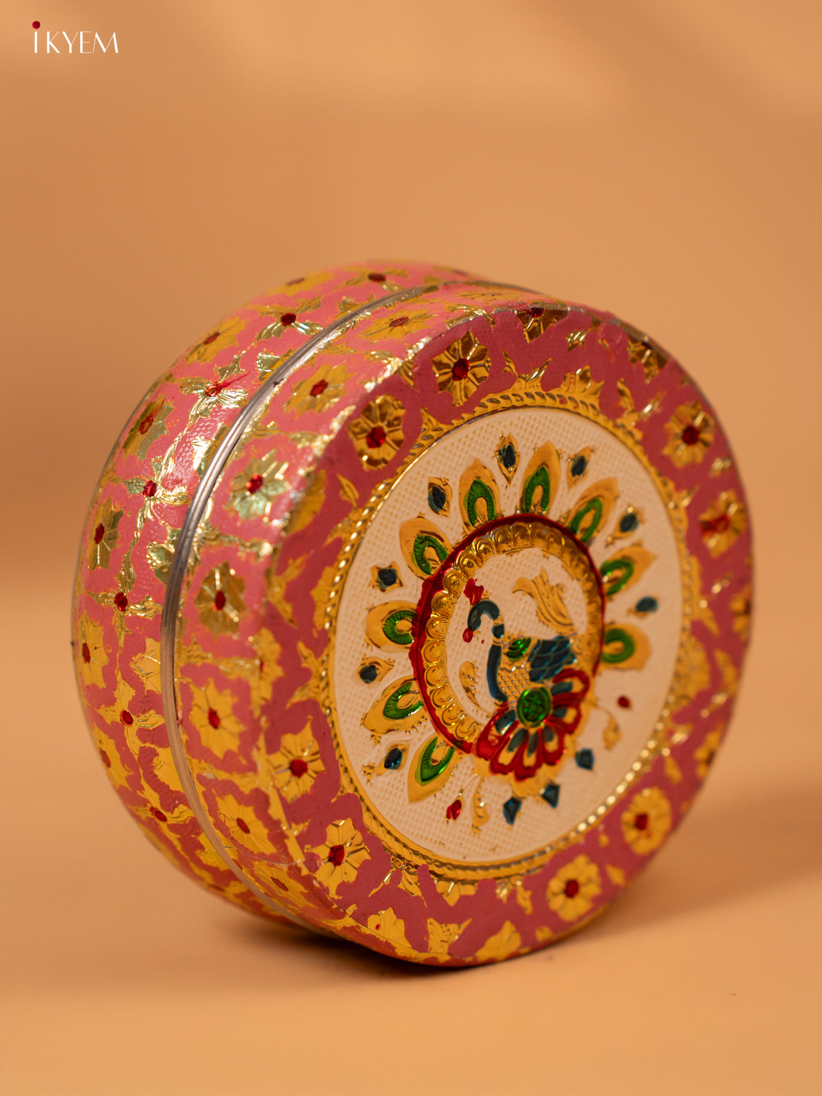 meenakari Dabba pink with pista yellow (6.2×6.2) Inch- 4JJ12038