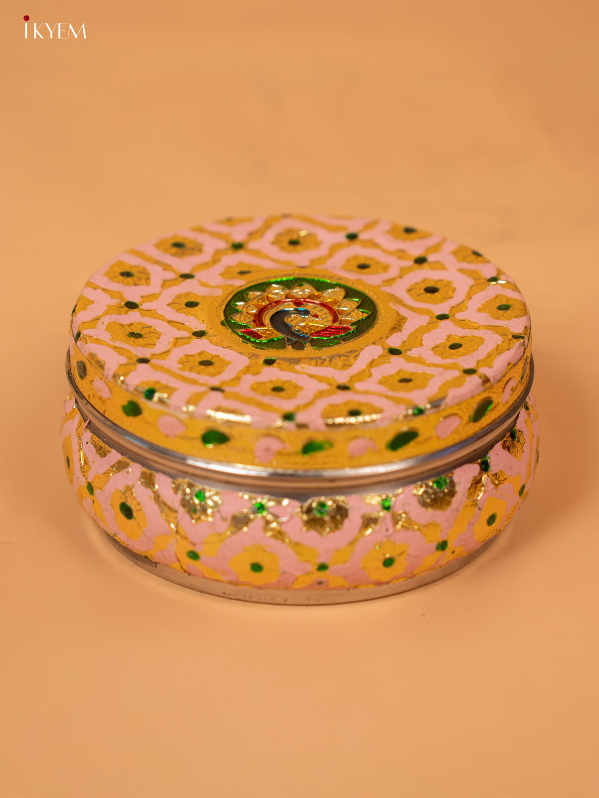 Meenakari dabba Pink with Pista yellow 2.3 Inch- 4JJ12039