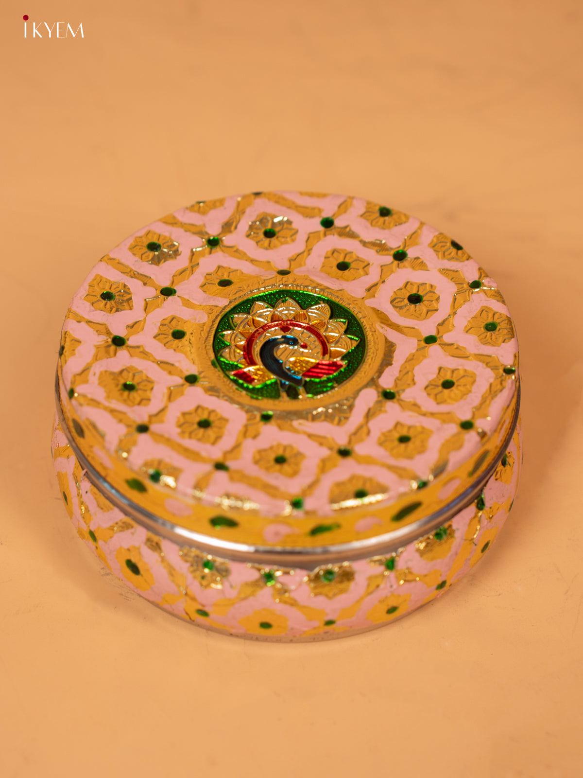 Meenakari dabba Pink with Pista yellow 2.3 Inch- 4JJ12039