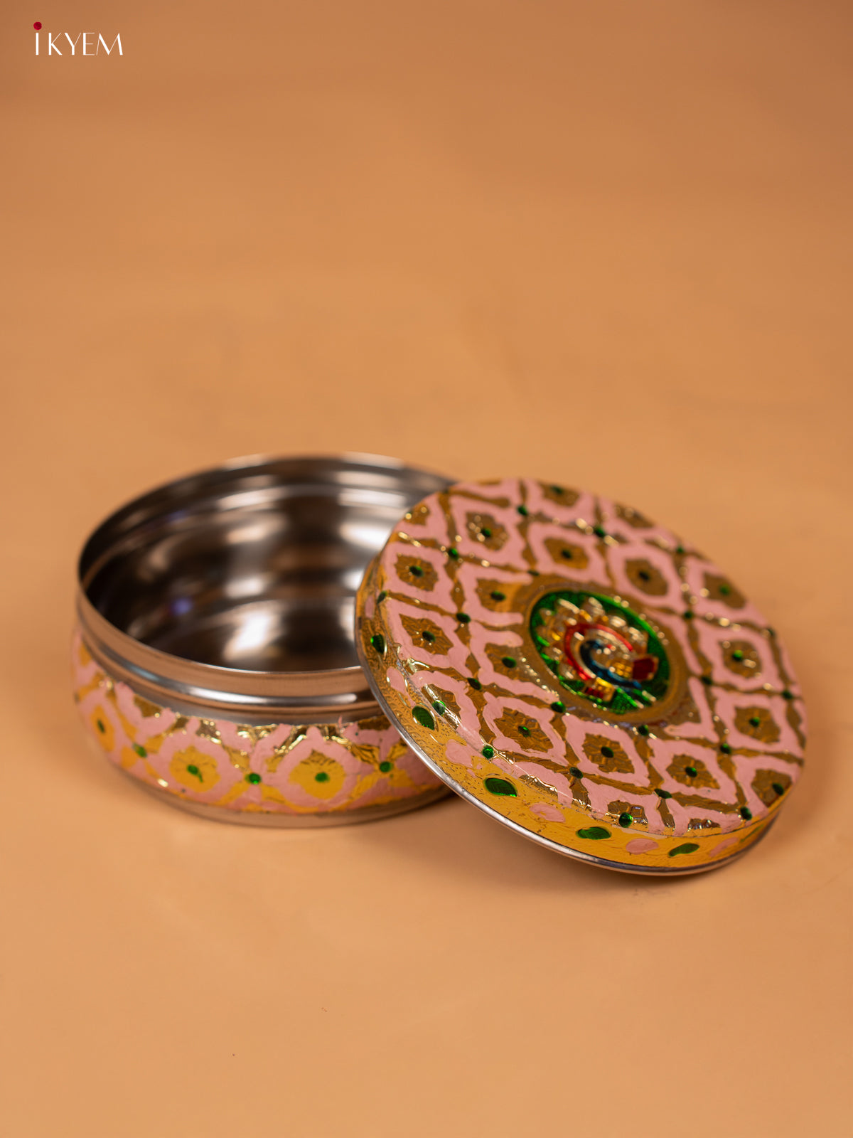 Meenakari dabba Pink with Pista yellow 2.3 Inch- 4JJ12039