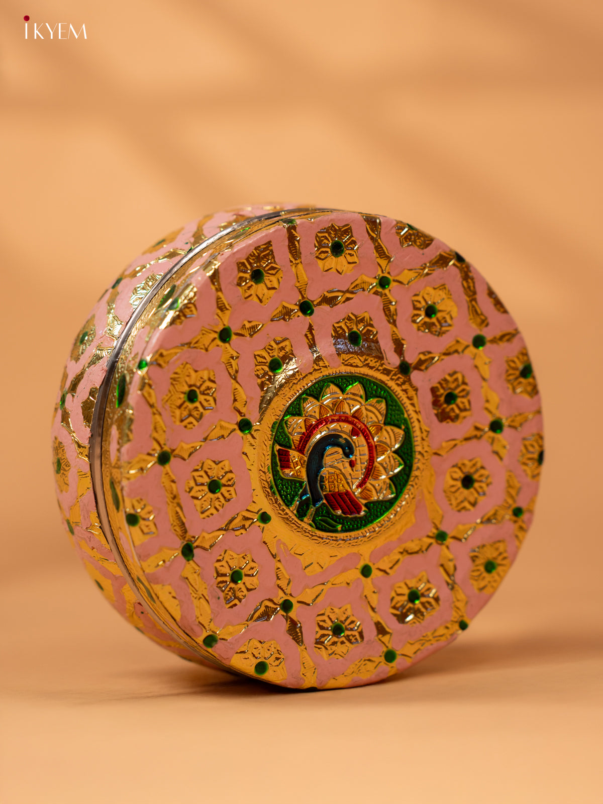 Meenakari dabba Pink with Pista yellow 2.3 Inch- 4JJ12039