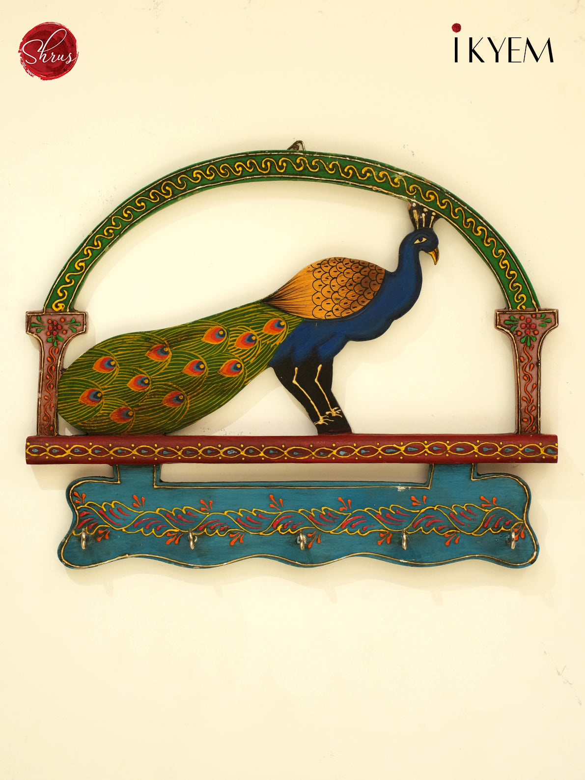 Wooden peacock hand painted key holder