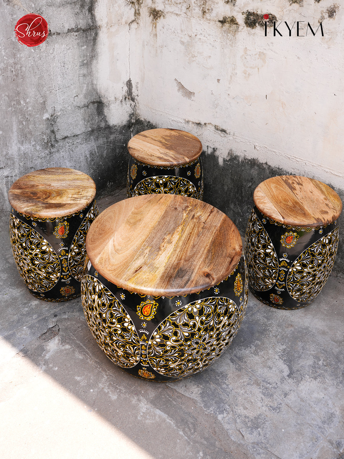 Wooden drum centre table and chair