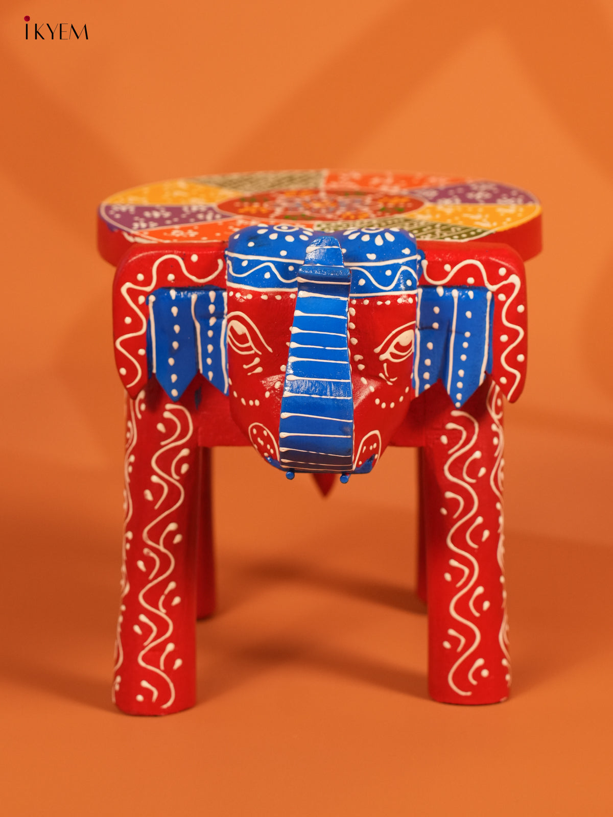 Hand Painted Wooden Elephant Stool - Red - 8 inch