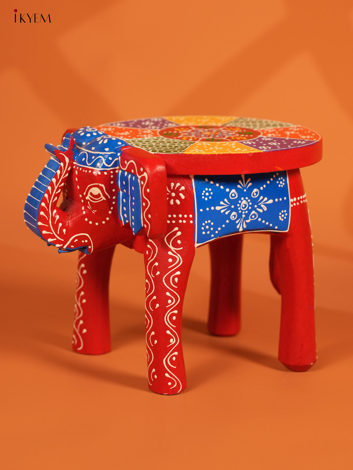 Hand Painted Wooden Elephant Stool - Red - 8 inch