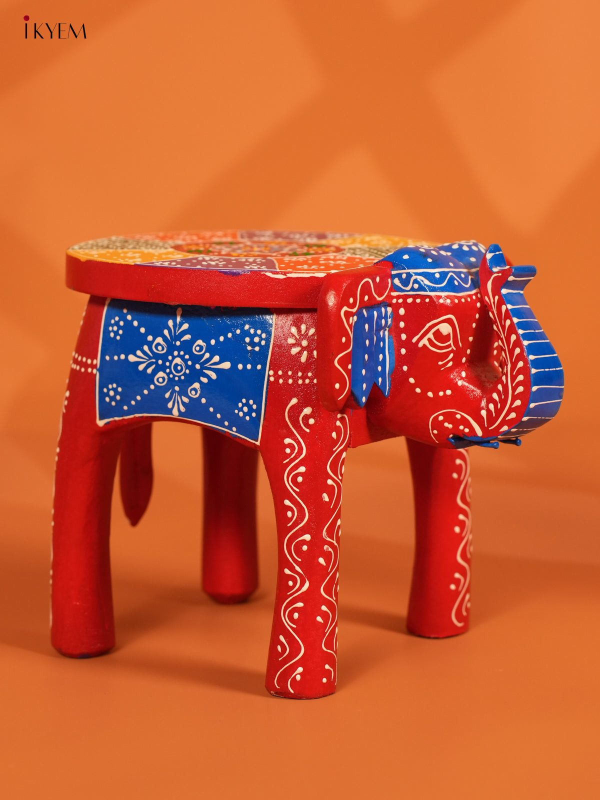 Hand Painted Wooden Elephant Stool - Red - 8 inch