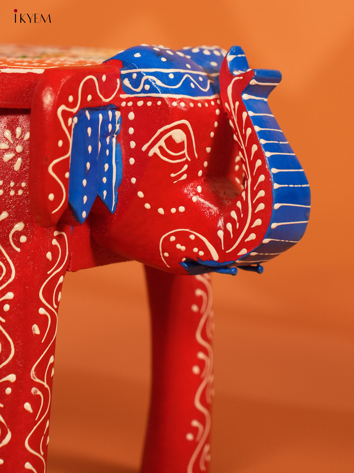 Hand Painted Wooden Elephant Stool - Red - 8 inch