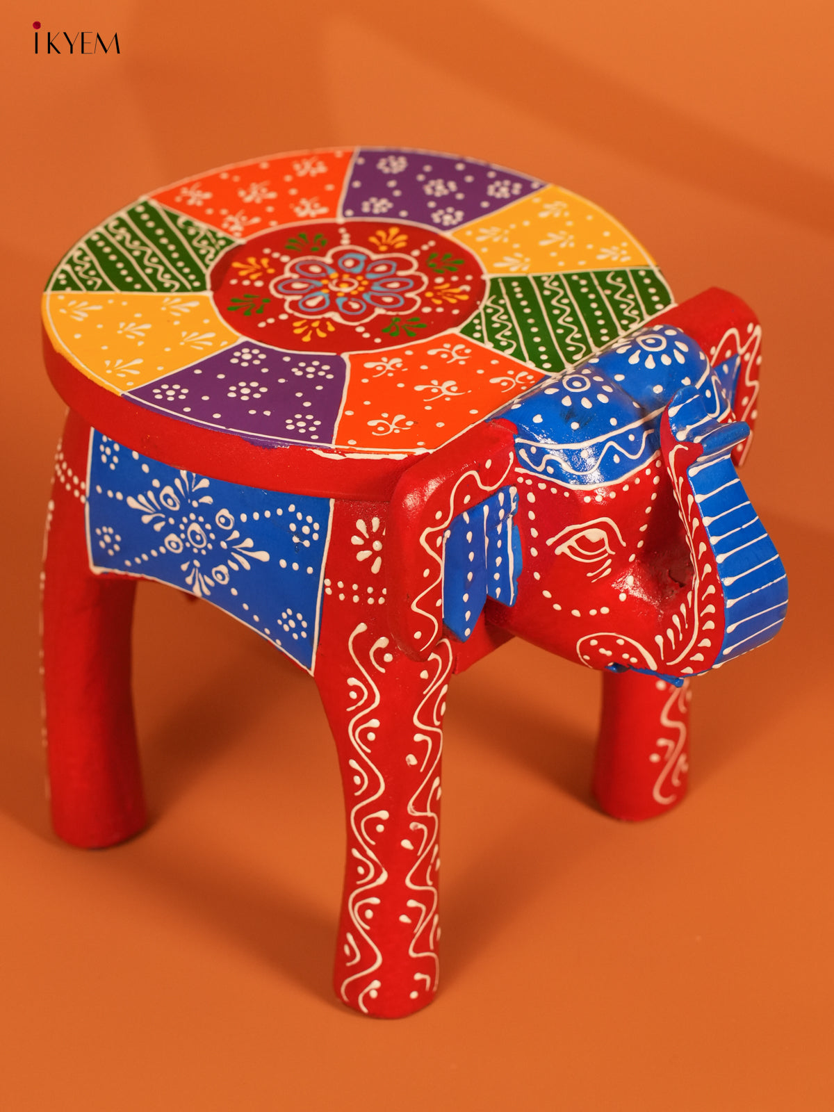 Hand Painted Wooden Elephant Stool - Red - 8 inch