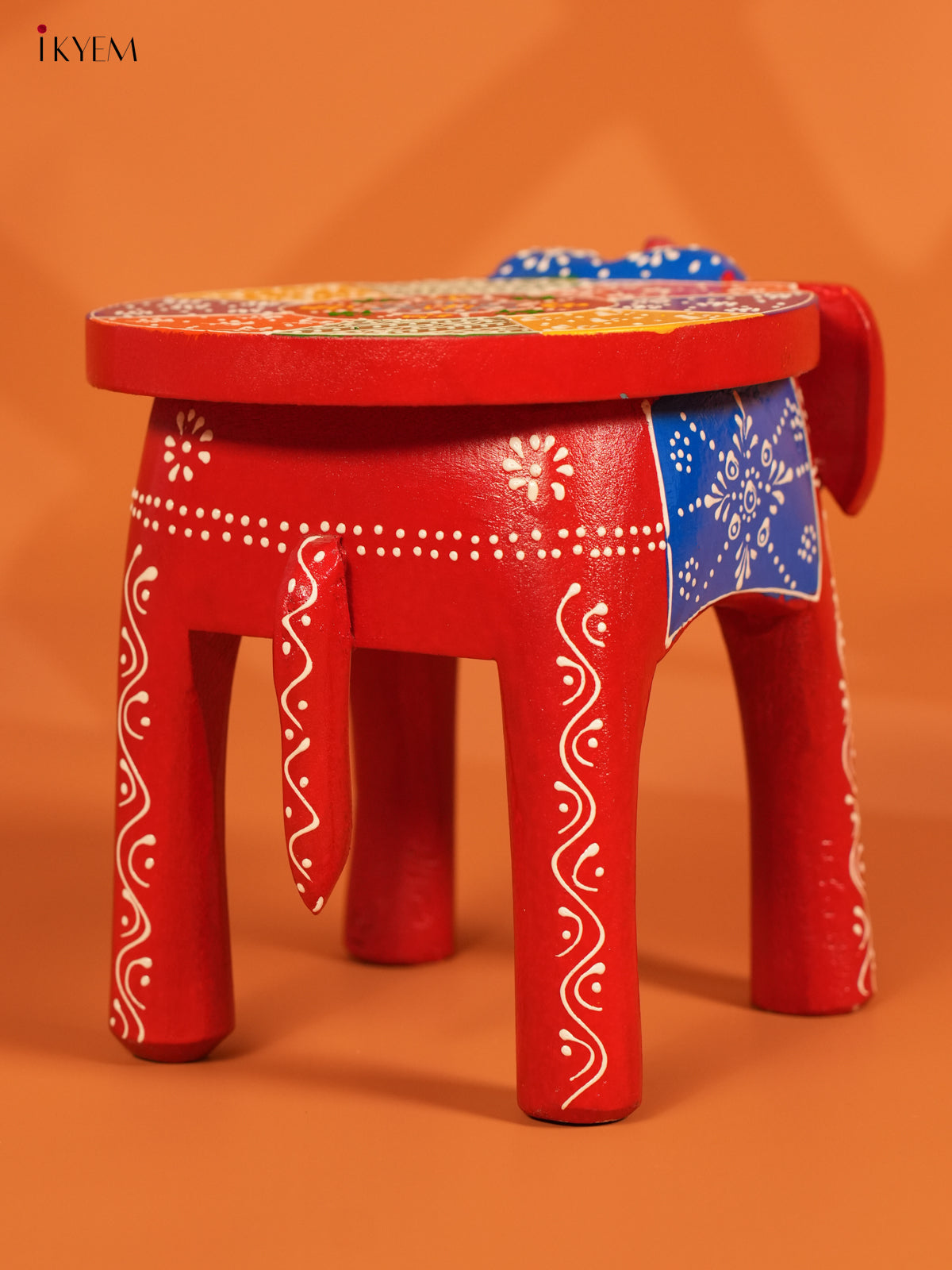 Hand Painted Wooden Elephant Stool - Red - 8 inch