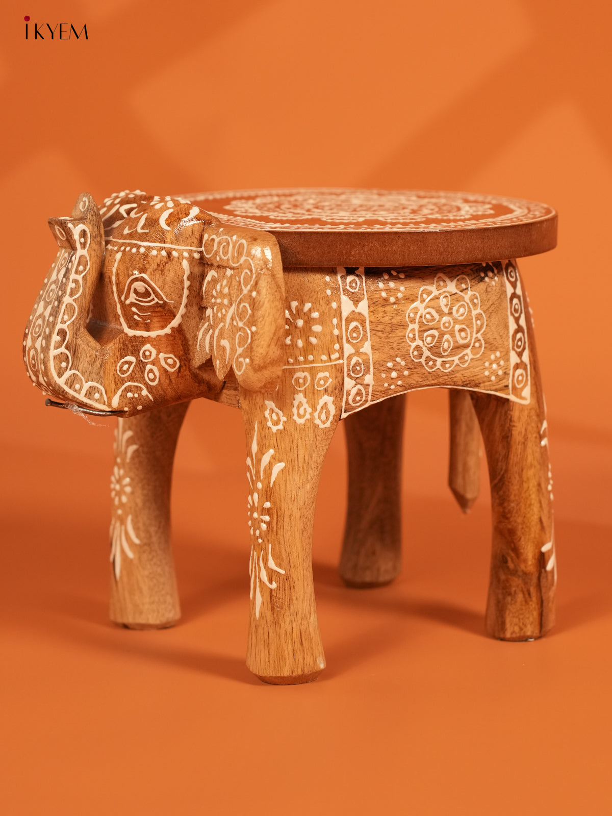 Hand Painted Wooden Elephant Stool - Distressed - 8inch