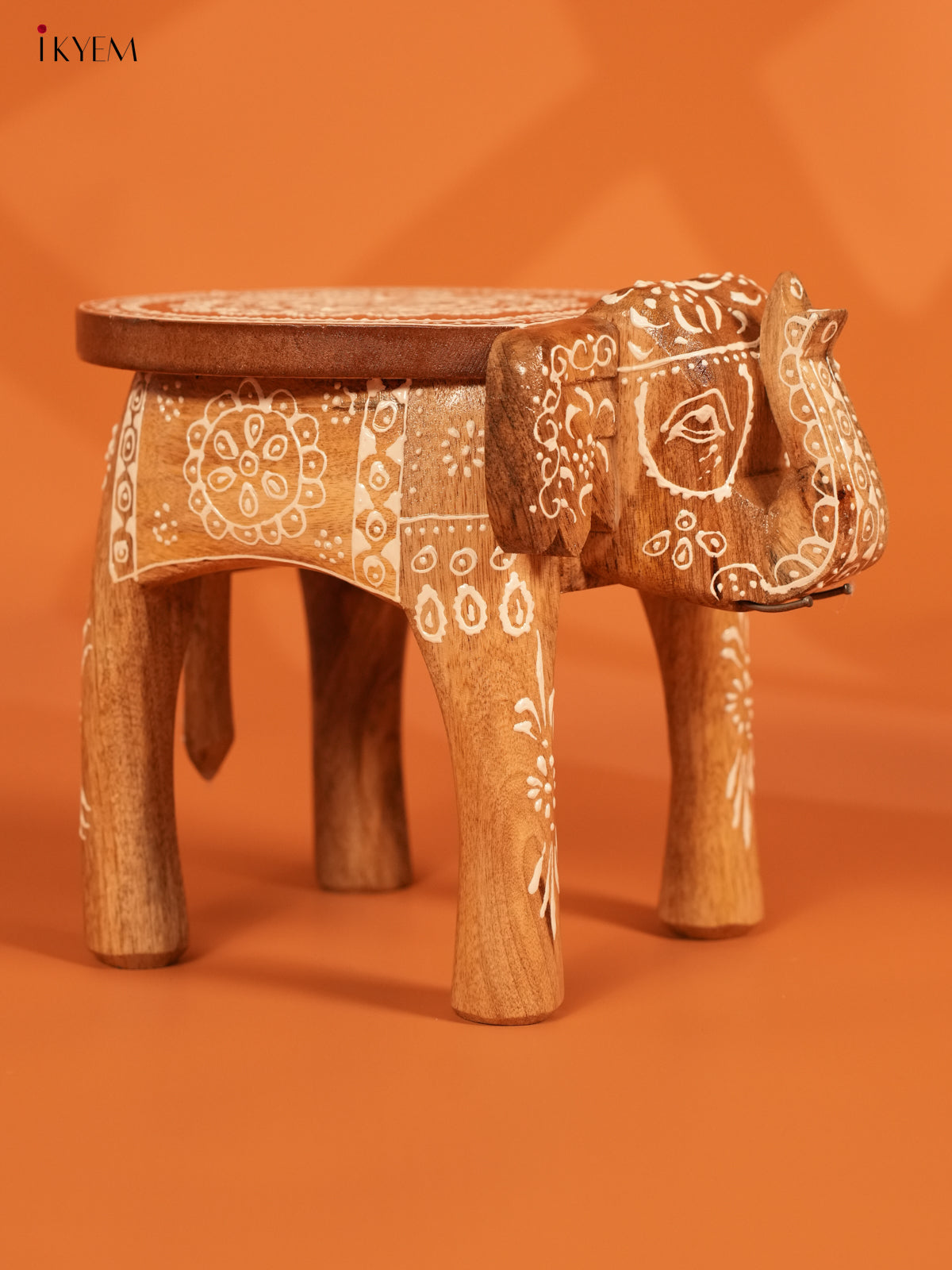 Hand Painted Wooden Elephant Stool - Distressed - 8inch