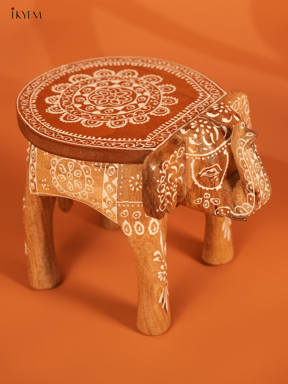 Hand Painted Wooden Elephant Stool - Distressed - 8inch