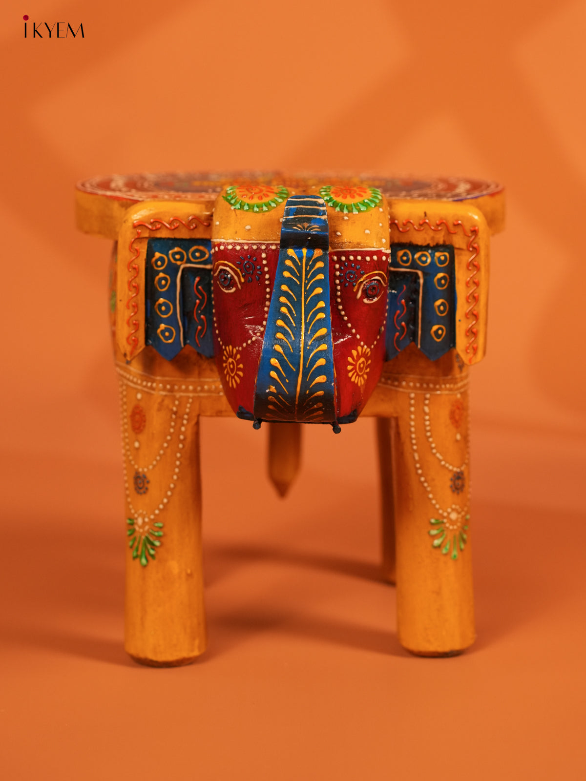 Hand Painted Wooden Elephant Stool - Distressed Yellow - 8inch