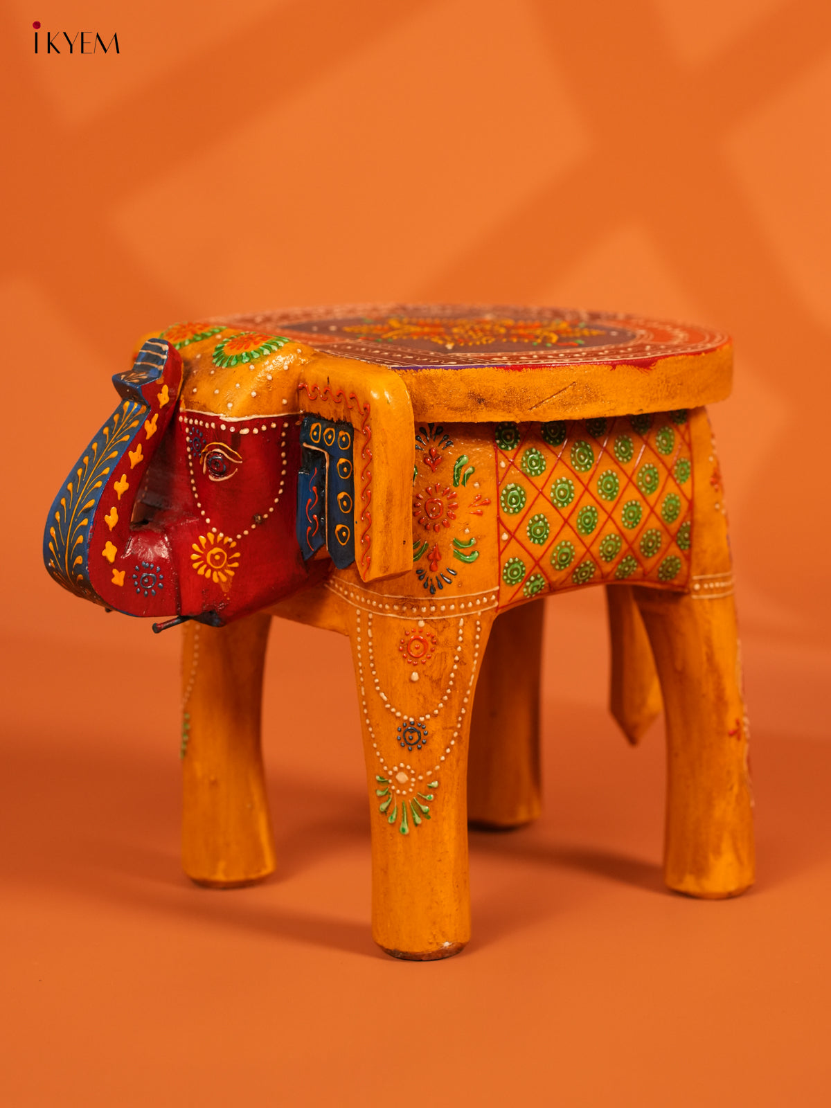 Hand Painted Wooden Elephant Stool - Distressed Yellow - 8inch