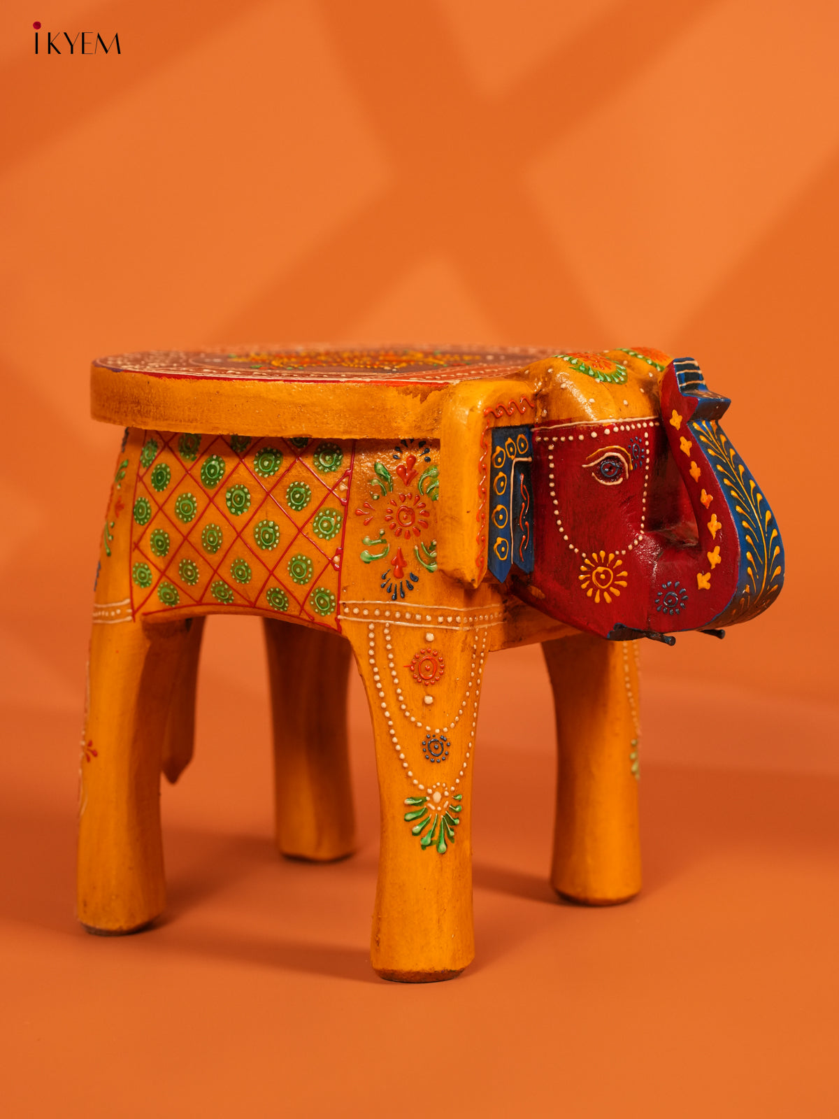 Hand Painted Wooden Elephant Stool - Distressed Yellow - 8inch