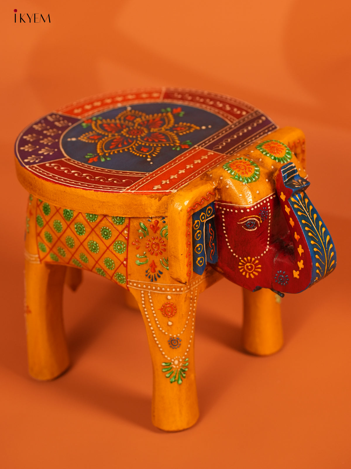 Hand Painted Wooden Elephant Stool - Distressed Yellow - 8inch