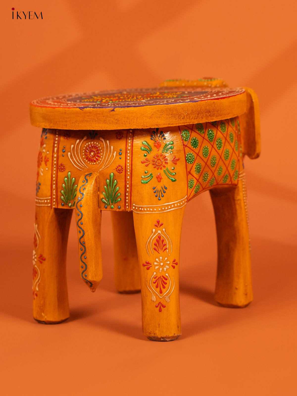 Hand Painted Wooden Elephant Stool - Distressed Yellow - 8inch