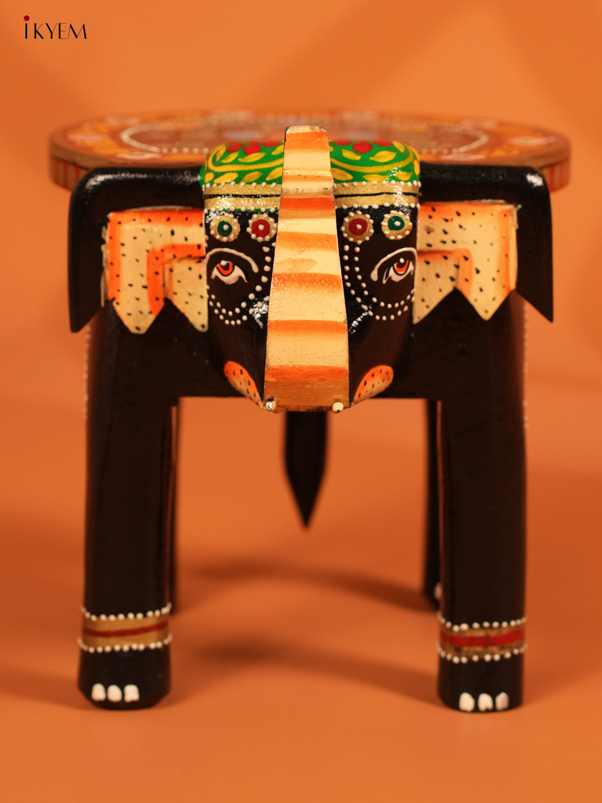 Hand Painted Wooden Elephant Stool - Distressed Black - 8inch