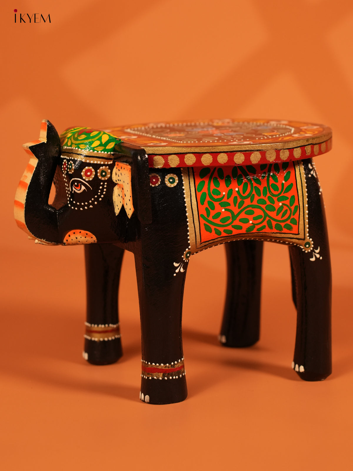 Hand Painted Wooden Elephant Stool - Distressed Black - 8inch