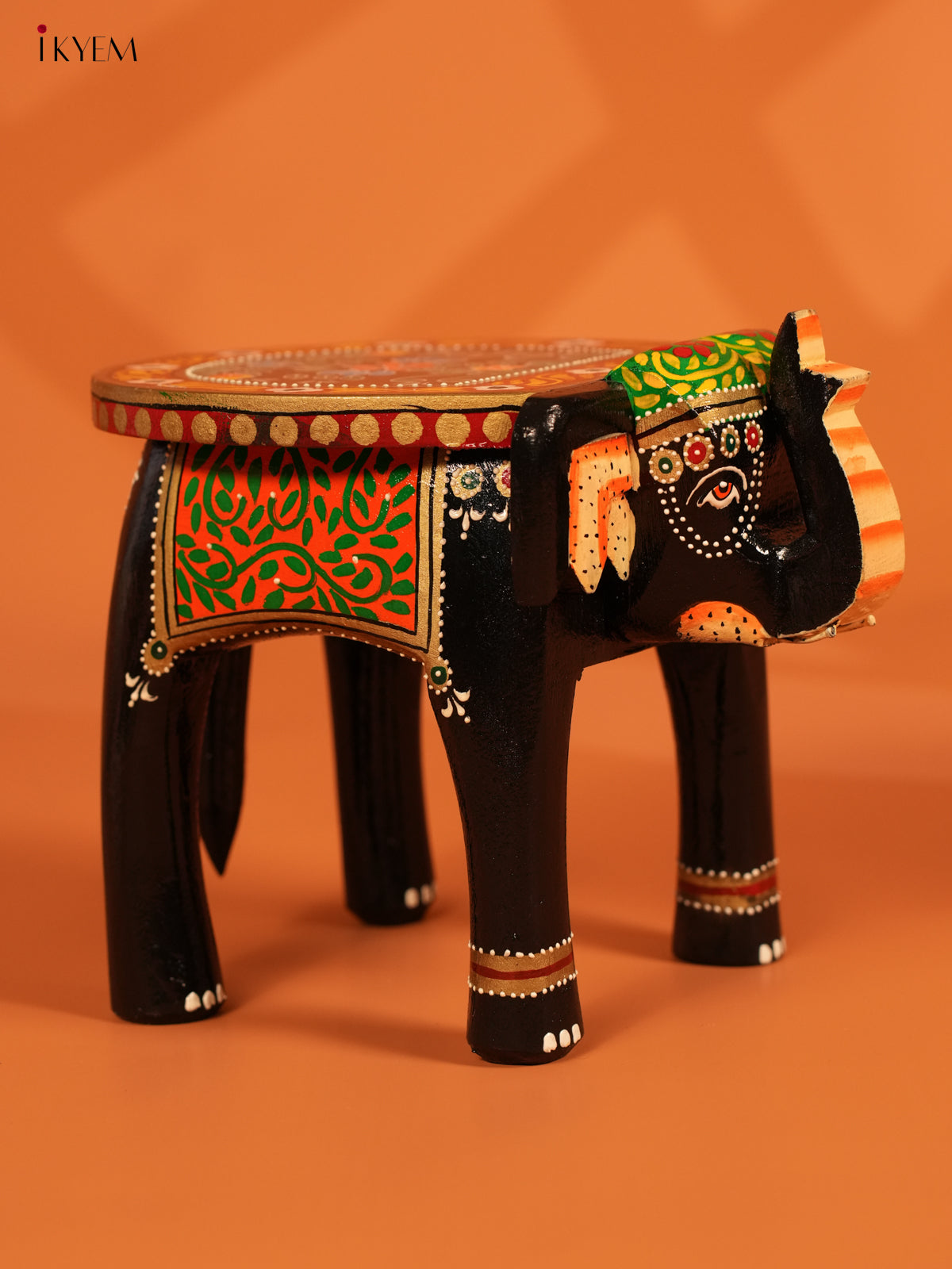 Hand Painted Wooden Elephant Stool - Distressed Black - 8inch