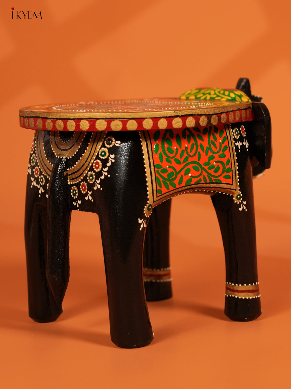 Hand Painted Wooden Elephant Stool - Distressed Black - 8inch