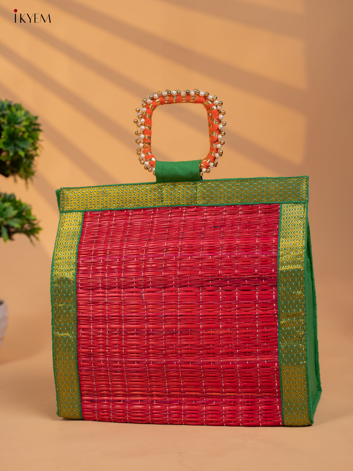 Colourful Korai Bag with Banarasi Borders & Embellished Handle -13 Inch- KB11119