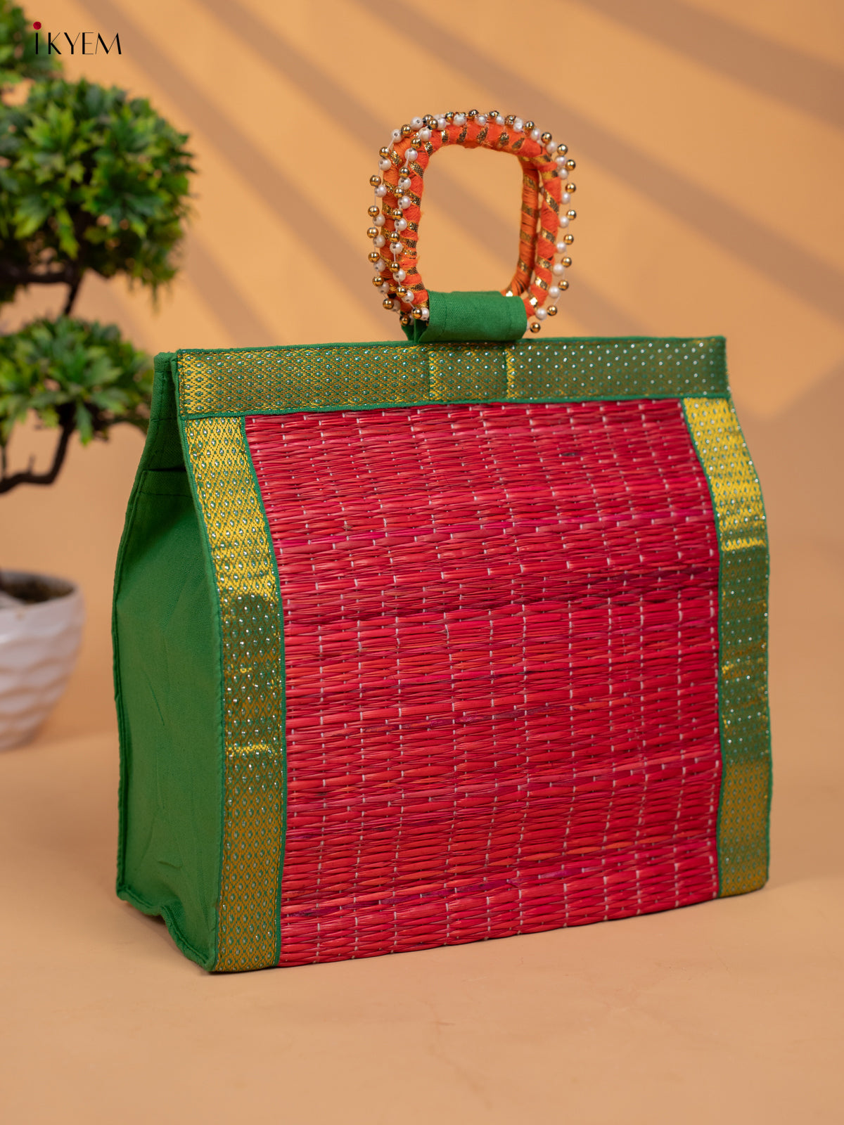 Colourful Korai Bag with Banarasi Borders & Embellished Handle -13 Inch- KB11119