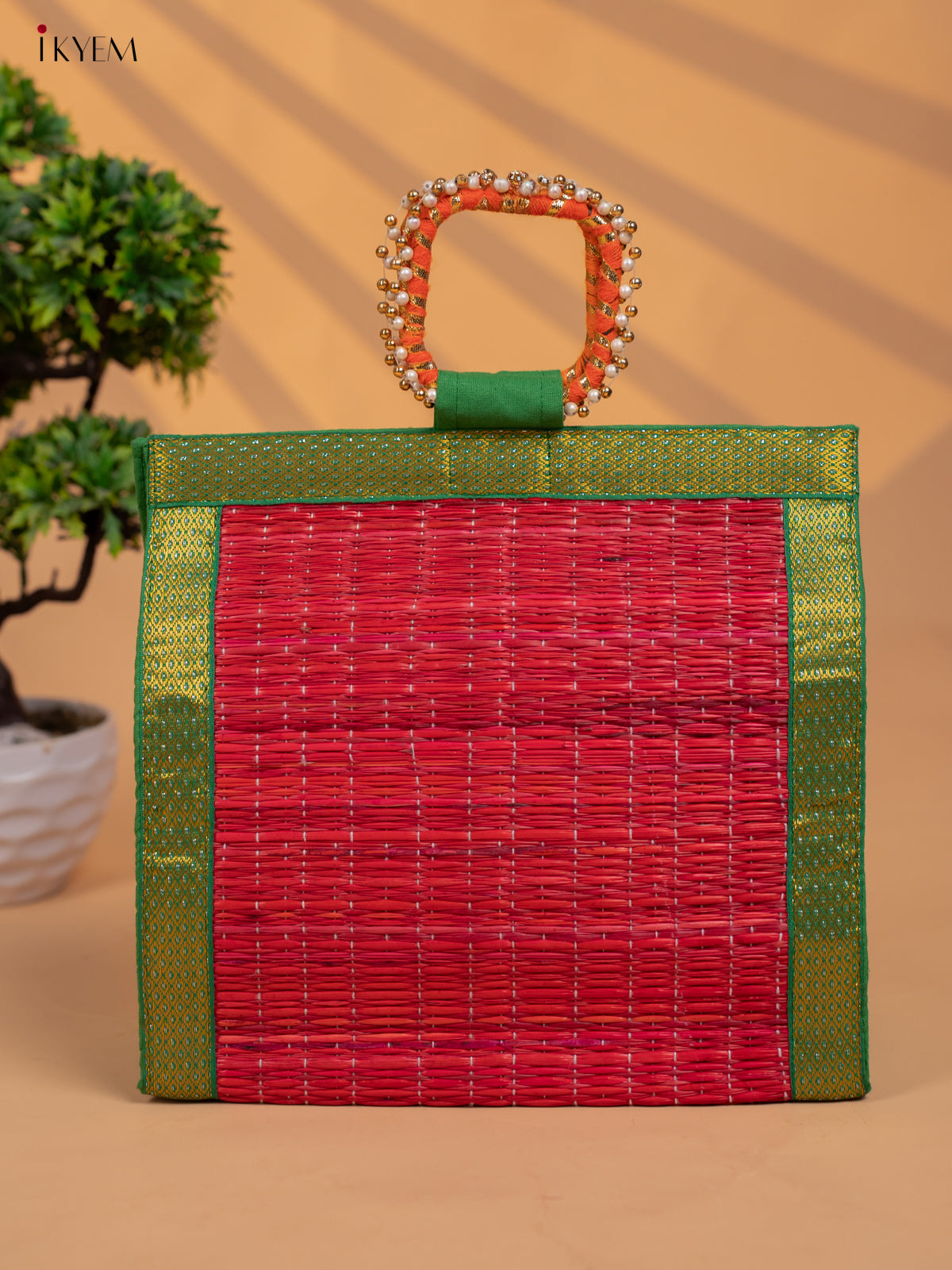 Colourful Korai Bag with Banarasi Borders & Embellished Handle - KB11119