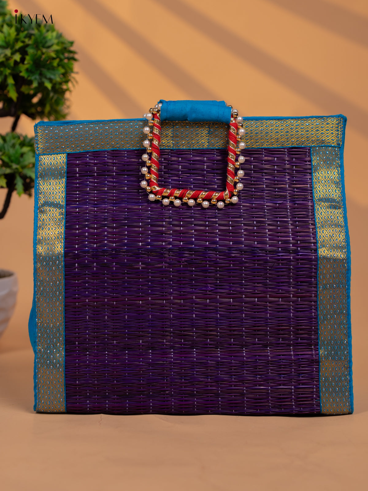 Colourful Korai Bag with Banarasi Borders & Embellished Handle - KB11119