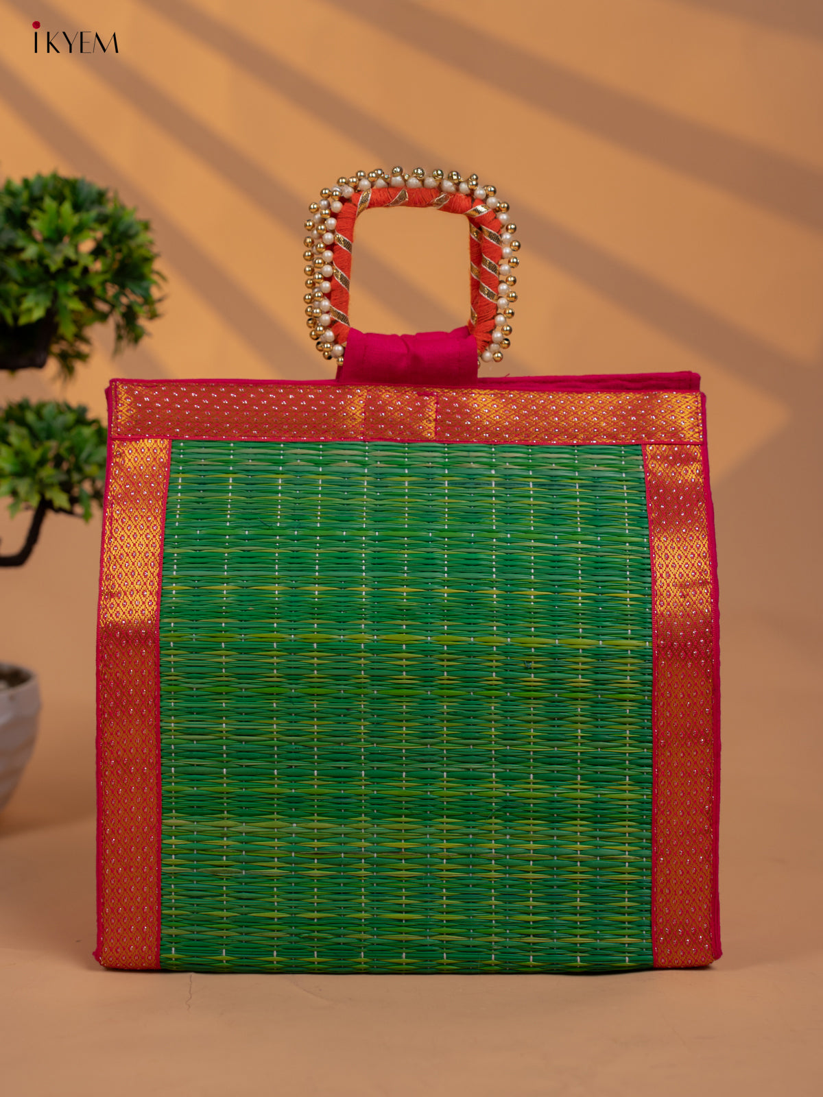 Colourful Korai Bag with Banarasi Borders & Embellished Handle - KB11119