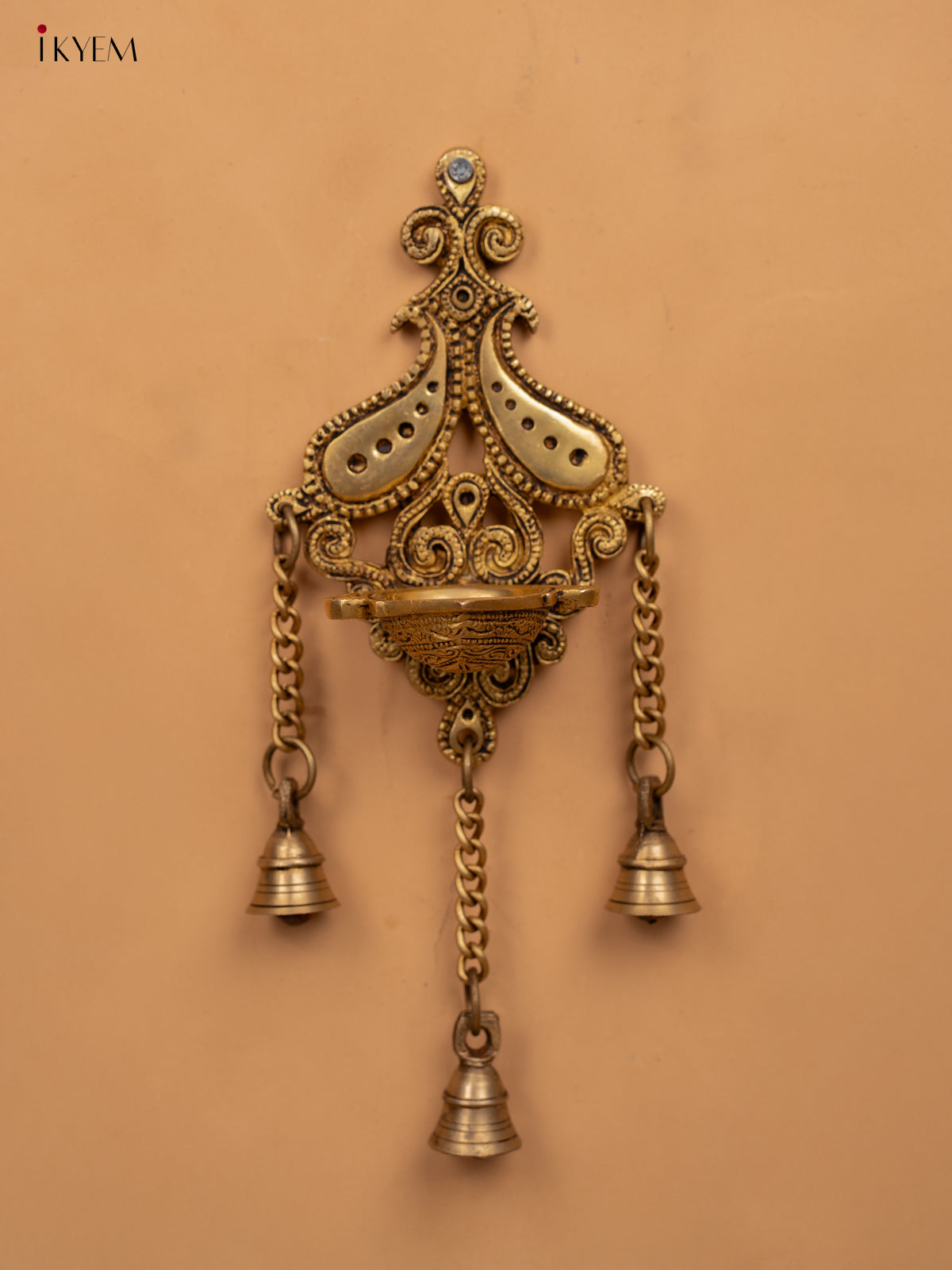 Brass Antique Wall Mount Hanging Diya with 3 Bells - KB12115