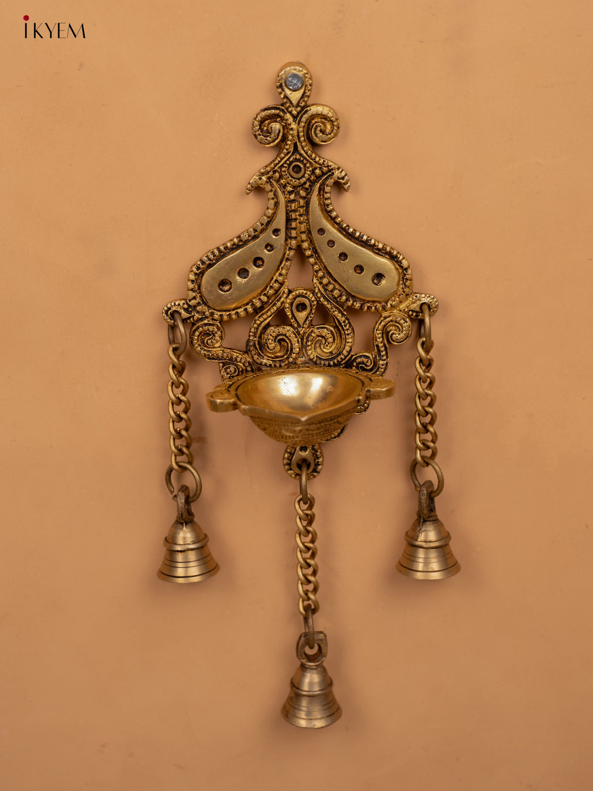 Brass Antique Wall Mount Hanging Diya with 3 Bells - KB12115