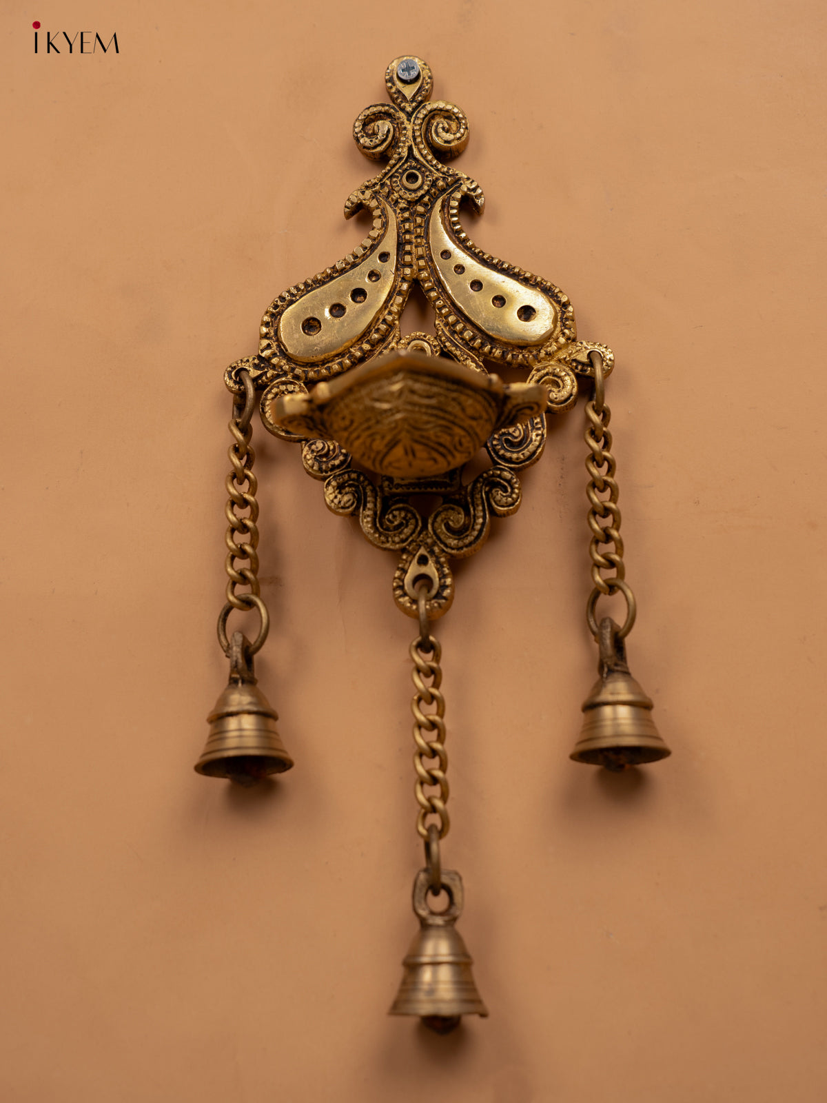 Brass Antique Wall Mount Hanging Diya with 3 Bells - KB12115