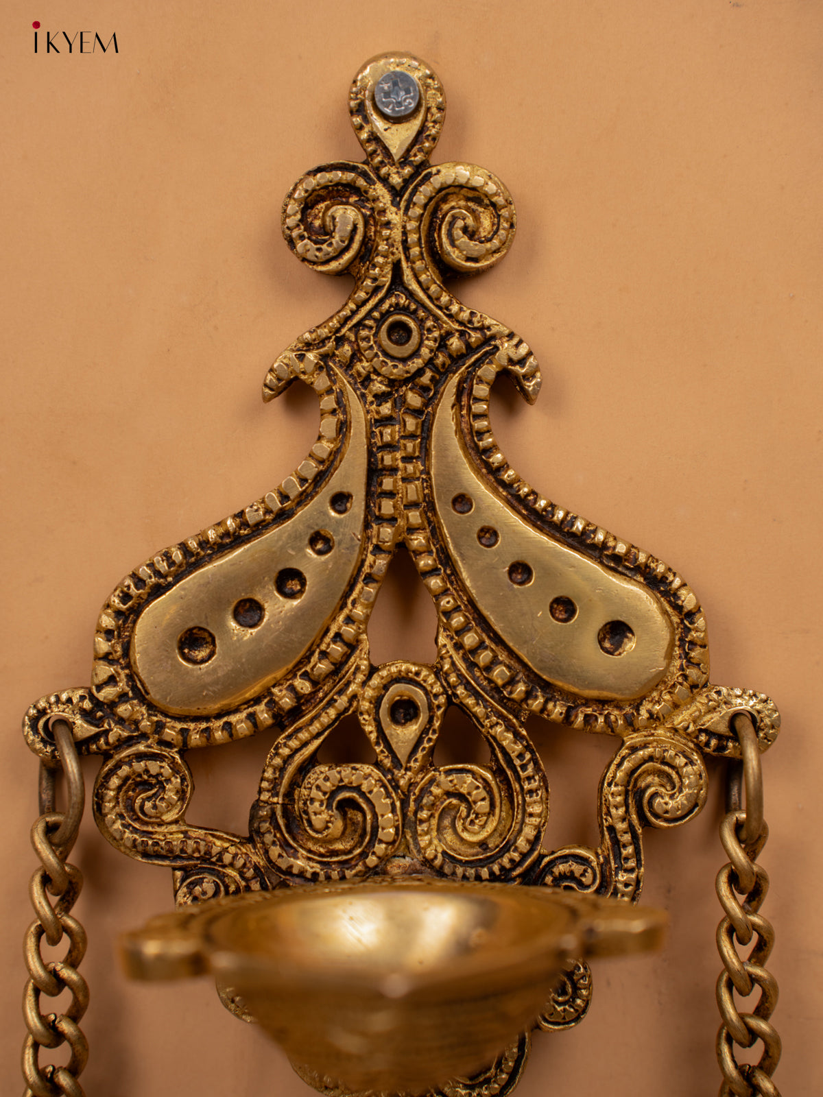 Brass Antique Wall Mount Hanging Diya with 3 Bells - KB12115