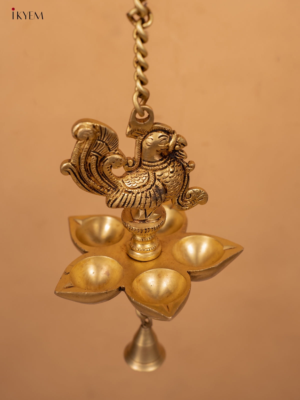 Brass 5-Face Peacock Hanging Diya with Bell - KB12117