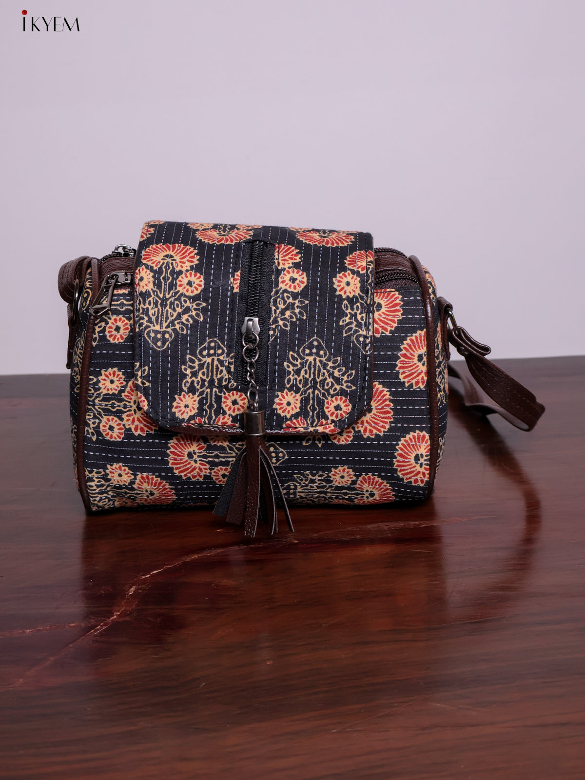 Cotton Printed Sling Bag - Floral Black - KL20142