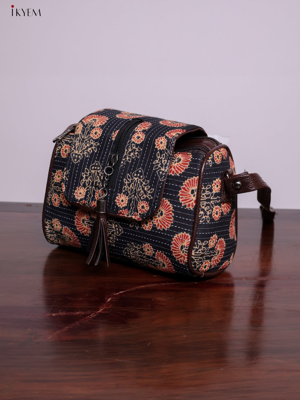 Cotton Printed Sling Bag - Floral Black - KL20142