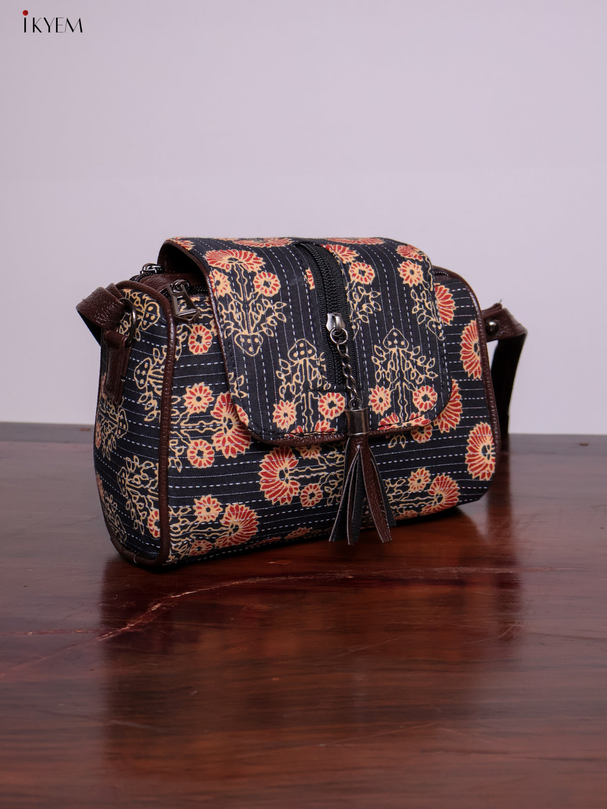 Cotton Printed Sling Bag - Floral Black - KL20142