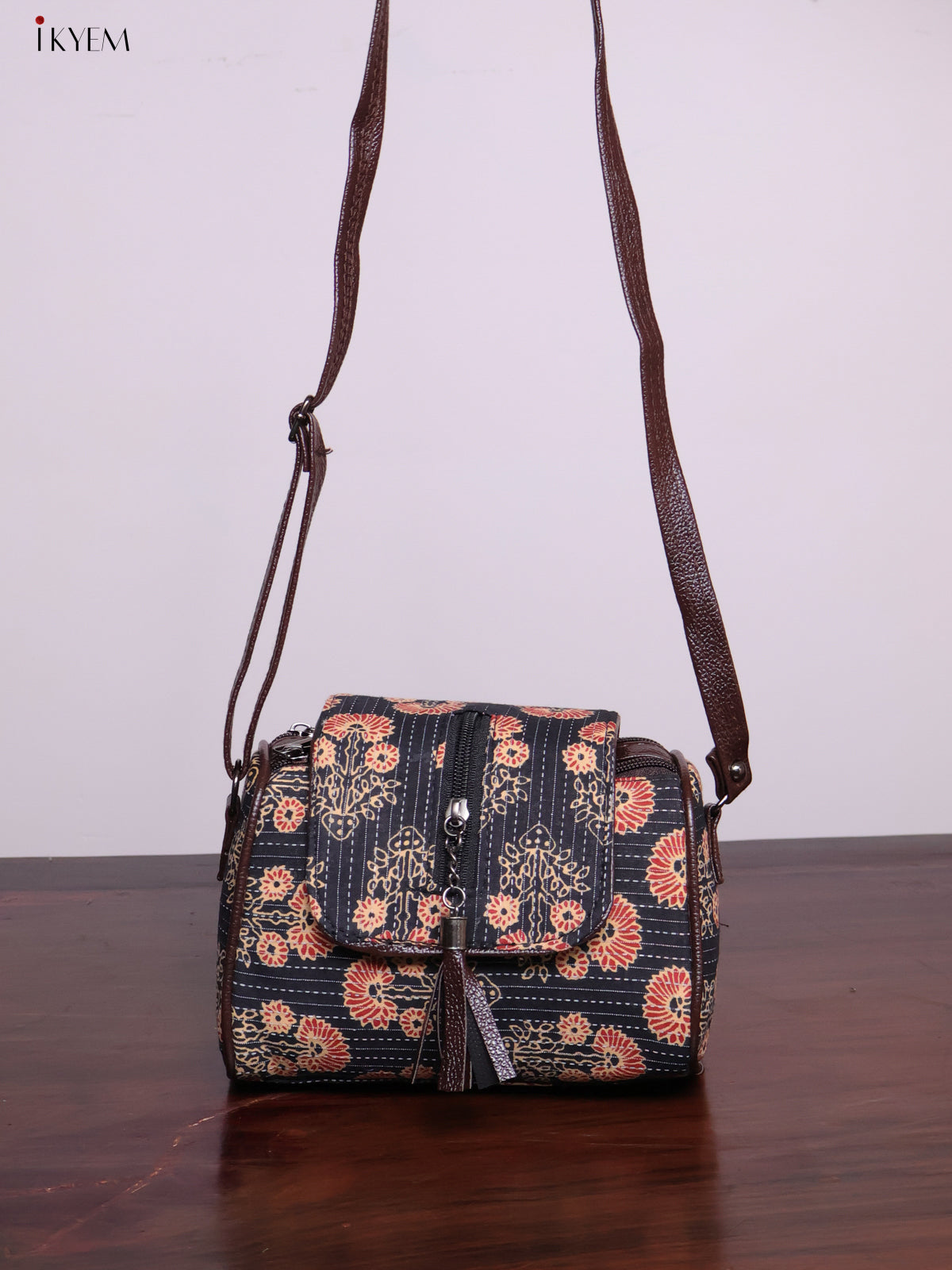 Cotton Printed Sling Bag - Floral Black - KL20142