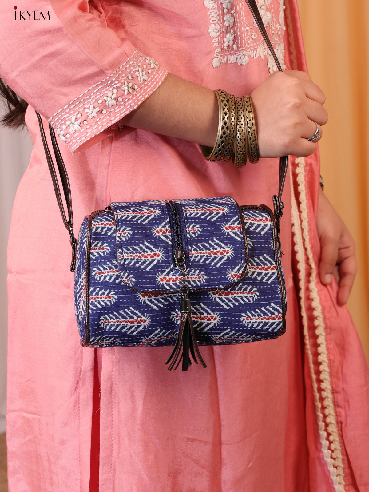 Cotton Printed Sling Bag - Floral Indigo - KL20143