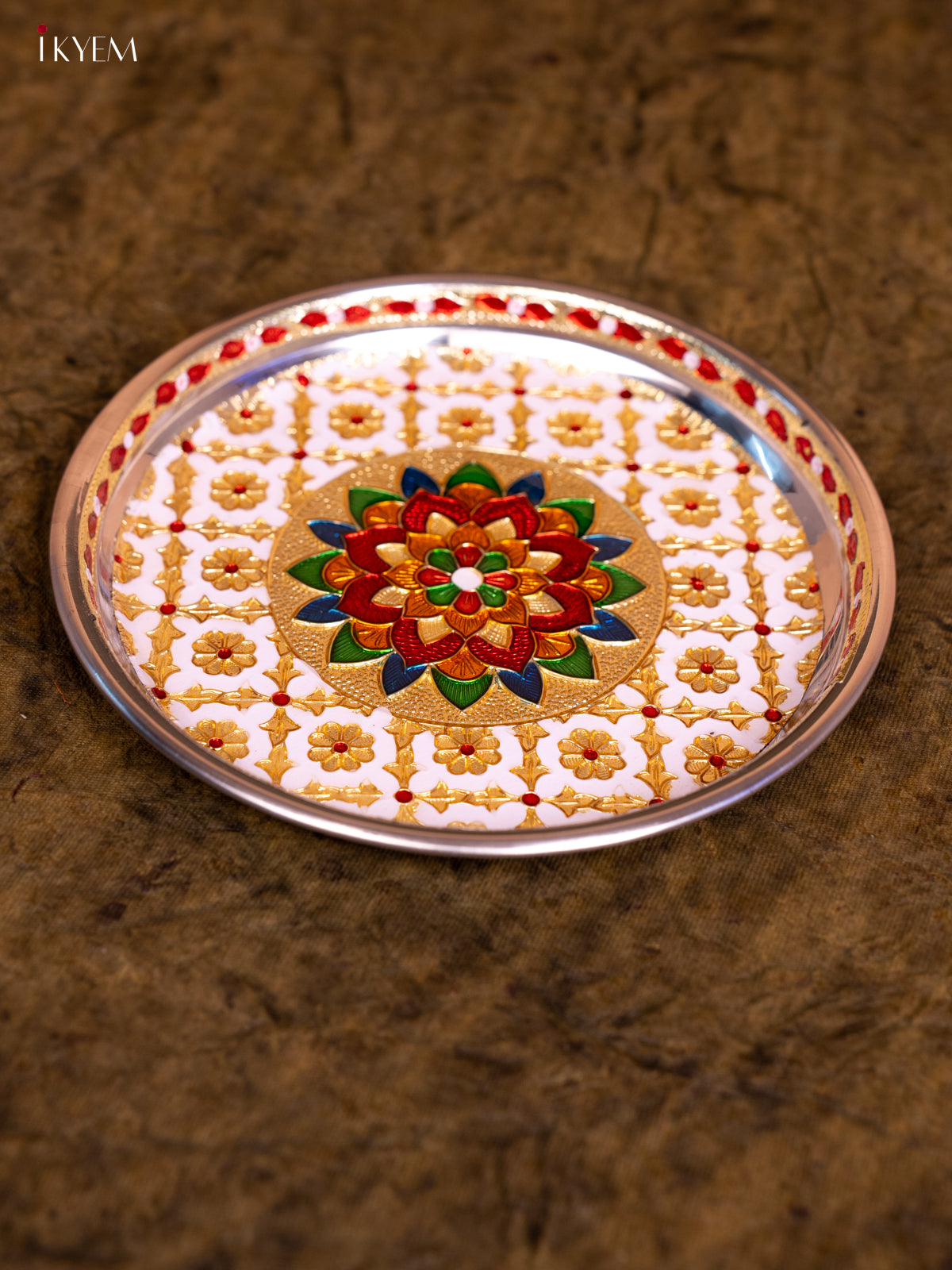 Meenakari Plate Round 7 Inch- White - KA08117