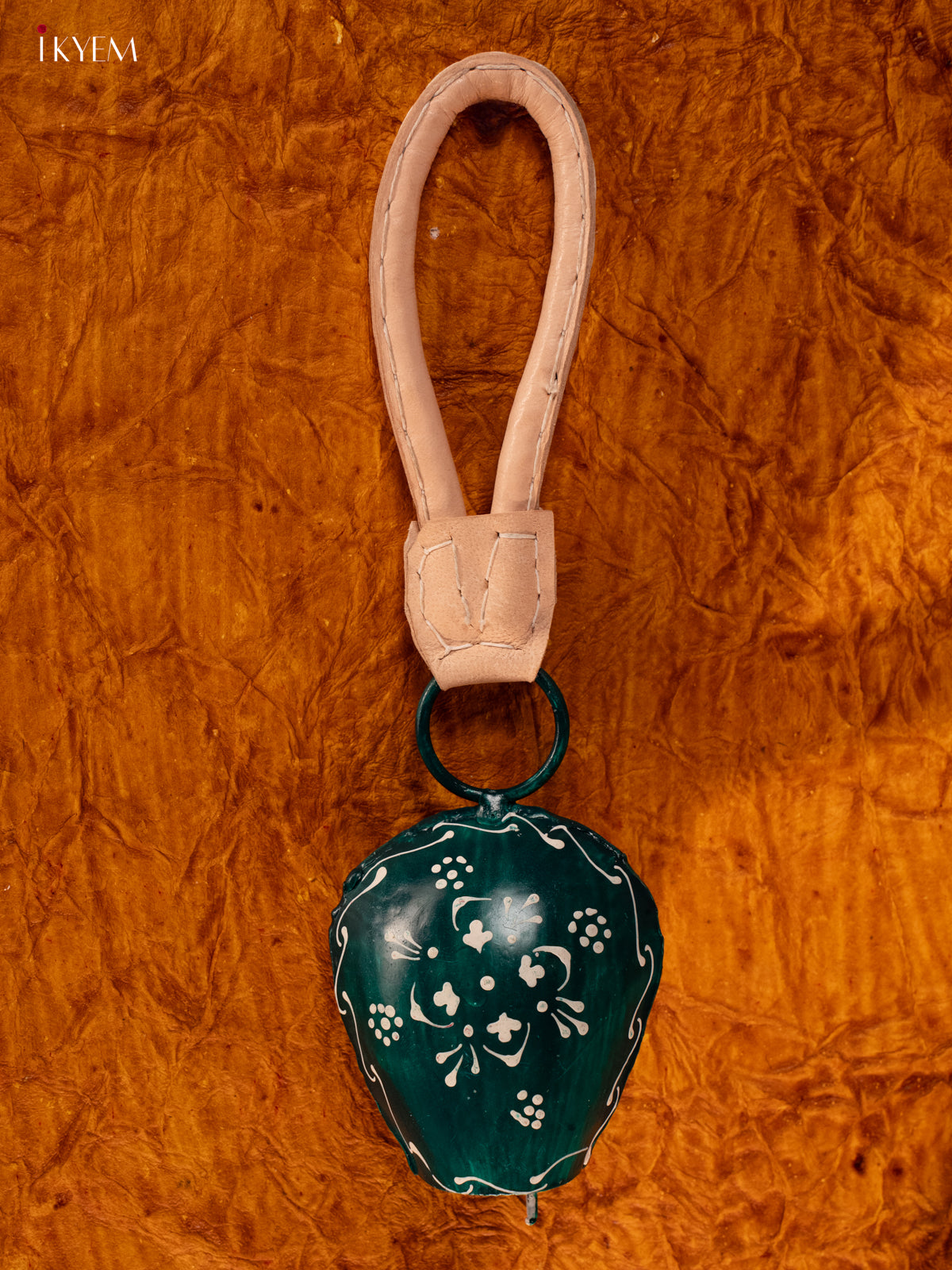 Hand Painted Cow Bell with Leather Handle - Small - Dark Green - KA11112