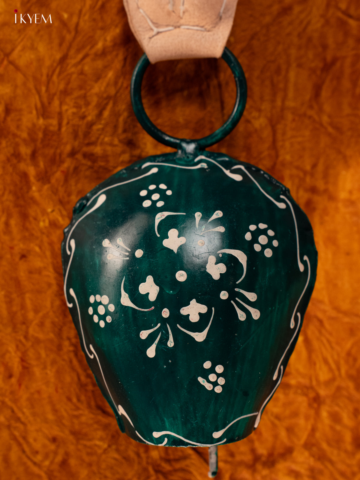 Hand Painted Cow Bell with Leather Handle - Small - Dark Green - KA11112