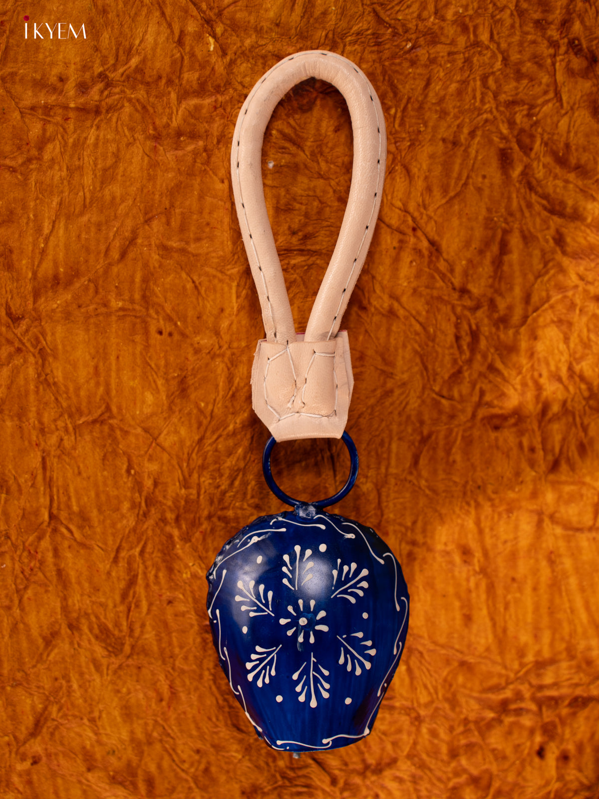 Hand Painted Cow Bell with Leather Handle - Small - Dark Blue Floral - KA11114