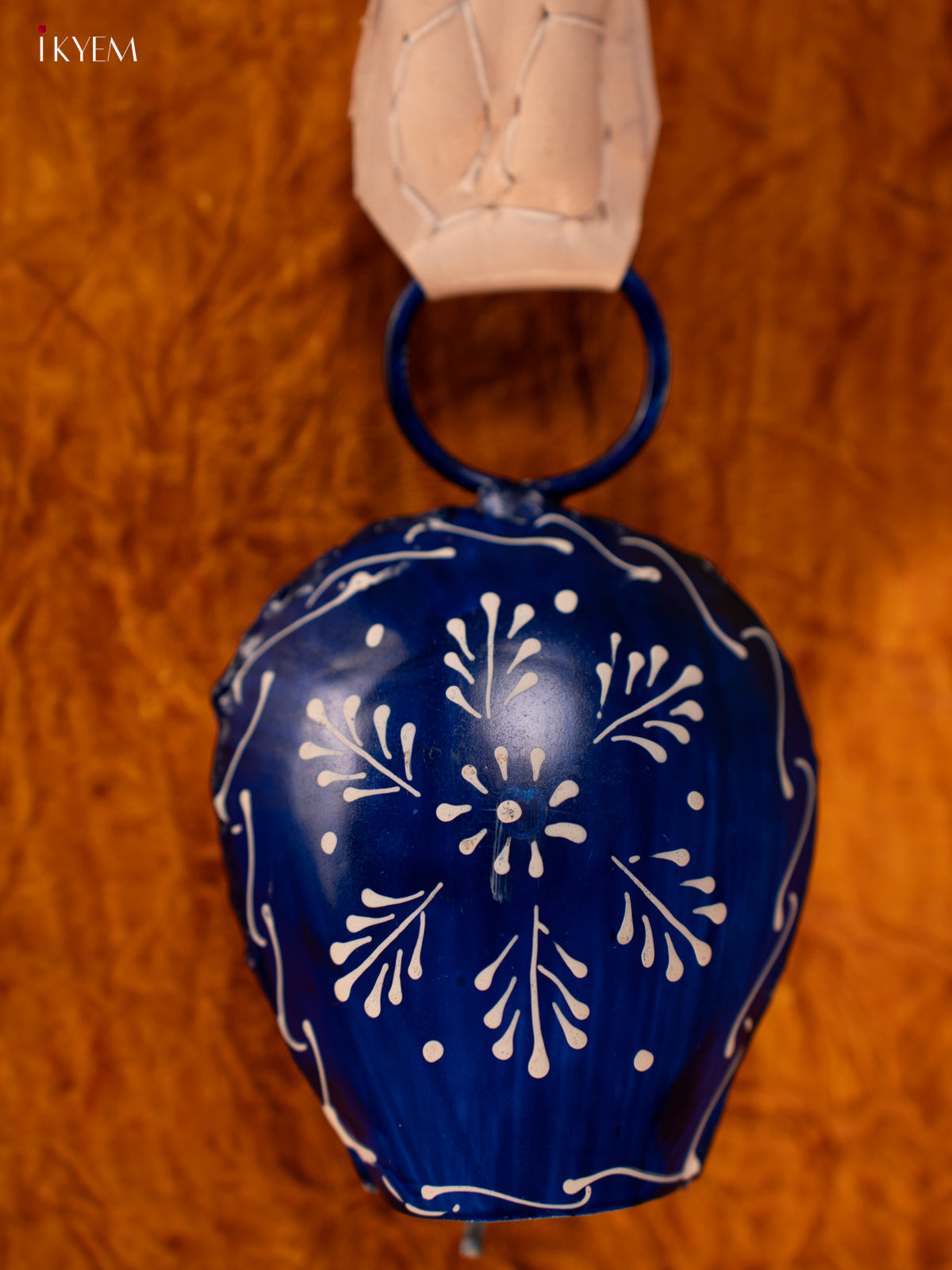 Hand Painted Cow Bell with Leather Handle - Small - Dark Blue Floral - KA11114