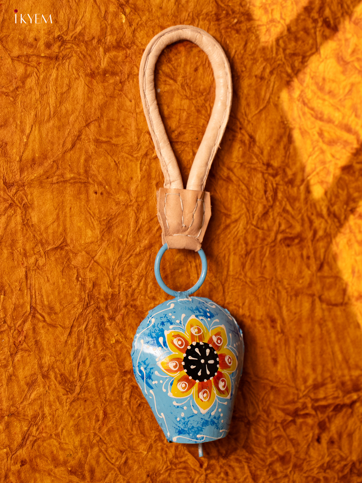 Hand Painted Cow Bell with Leather Handle - Small - Sky Blue - KA11115