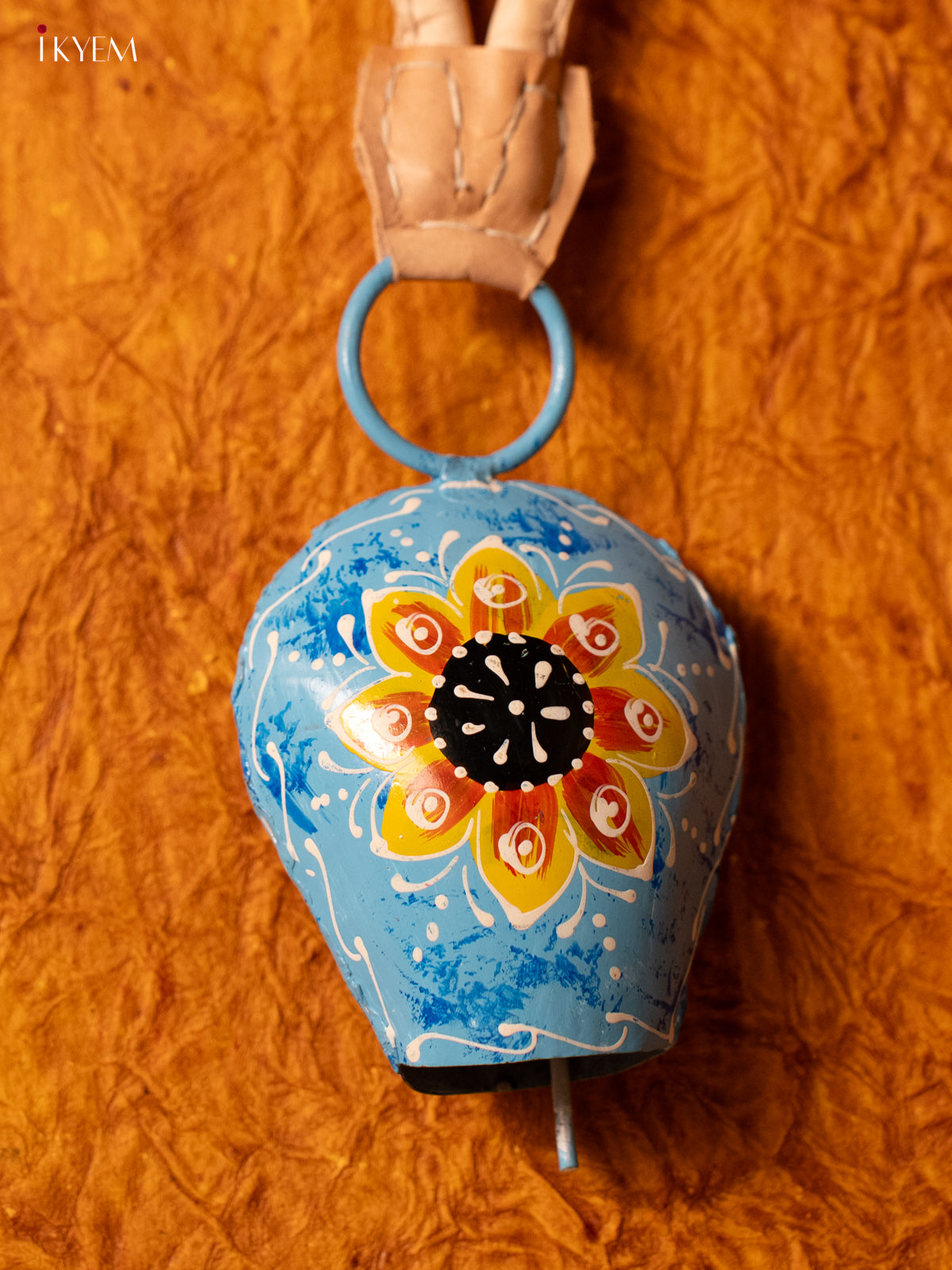 Hand Painted Cow Bell with Leather Handle - Small - Sky Blue - KA11115