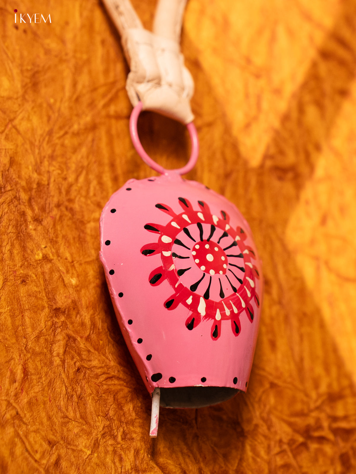 Hand Painted Cow Bell with Leather Handle - Small - Pink with Red - KA11116